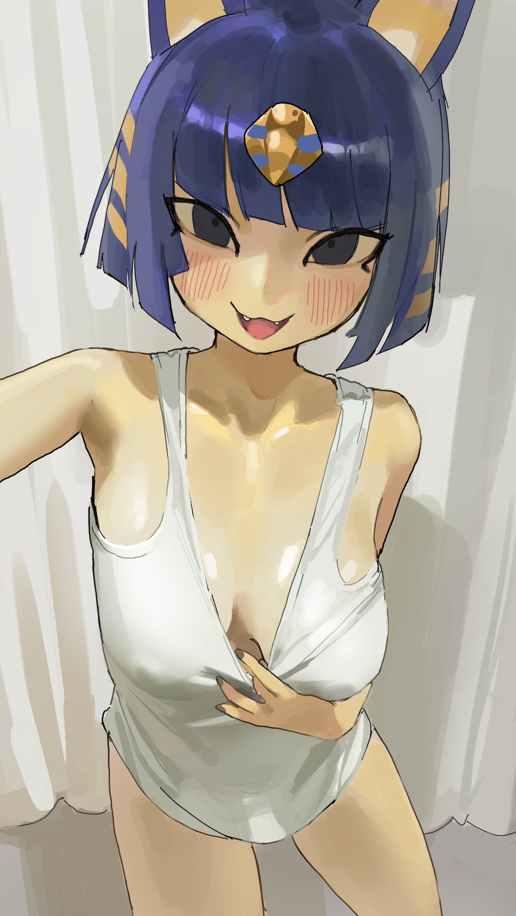 logknn, ankha (animal crossing), animal crossing, nintendo, highres, 1girl, ancient egyptian clothes, animal ears, blue hair, blush, bottomless, breasts, cat ears, cat girl, colored skin, curtains, fangs, looking at viewer, medium breasts, multicolored hair, open mouth, personification, short hair, solo, tank top, uraeus, white tank top, yellow skin