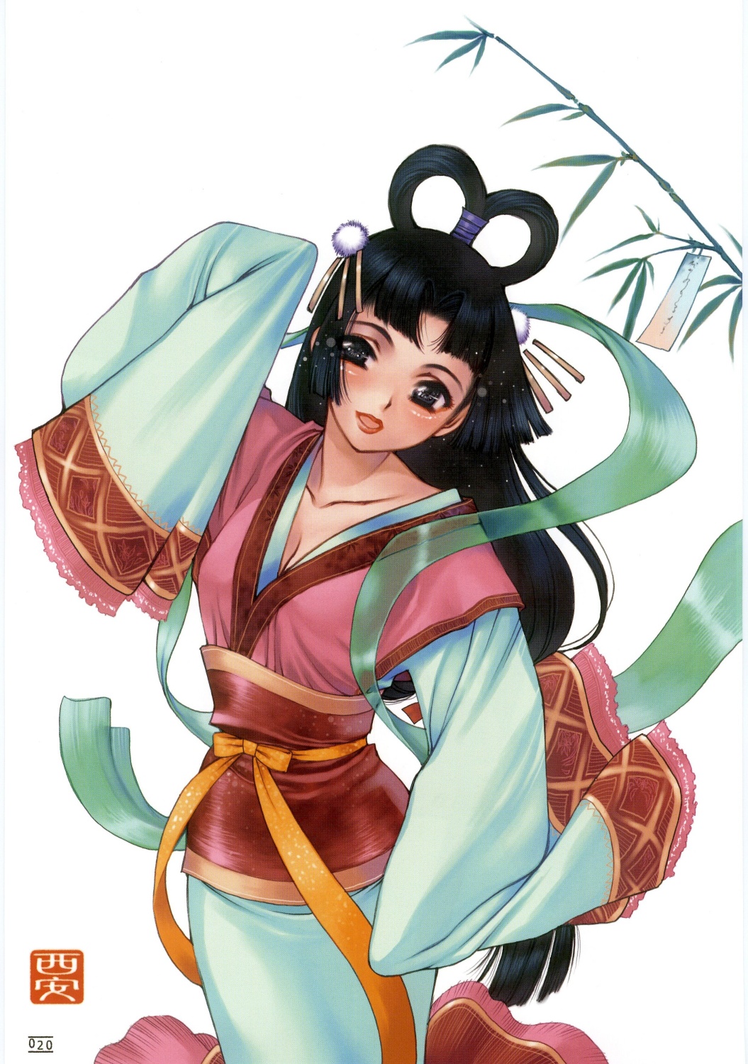 nishi iori, original, highres, 1girl, bamboo, black hair, blunt bangs, chinese clothes, collarbone, female focus, hair rings, hanfu, japanese clothes, kimono, lipstick, long hair, long sleeves, looking at viewer, makeup, obi, sash, simple background, sleeves past wrists, smile, solo, very long hair