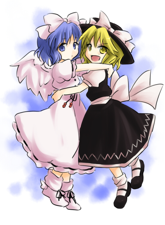 niji (nijioki), mai (touhou), yuki (touhou), mystic square, touhou, touhou (pc-98), bad id, bad pixiv id, 2girls, blonde hair, blue eyes, blue hair, bow, dress, female focus, hair bow, hat, hug, multiple girls, open mouth, short hair, wings, witch, yellow eyes