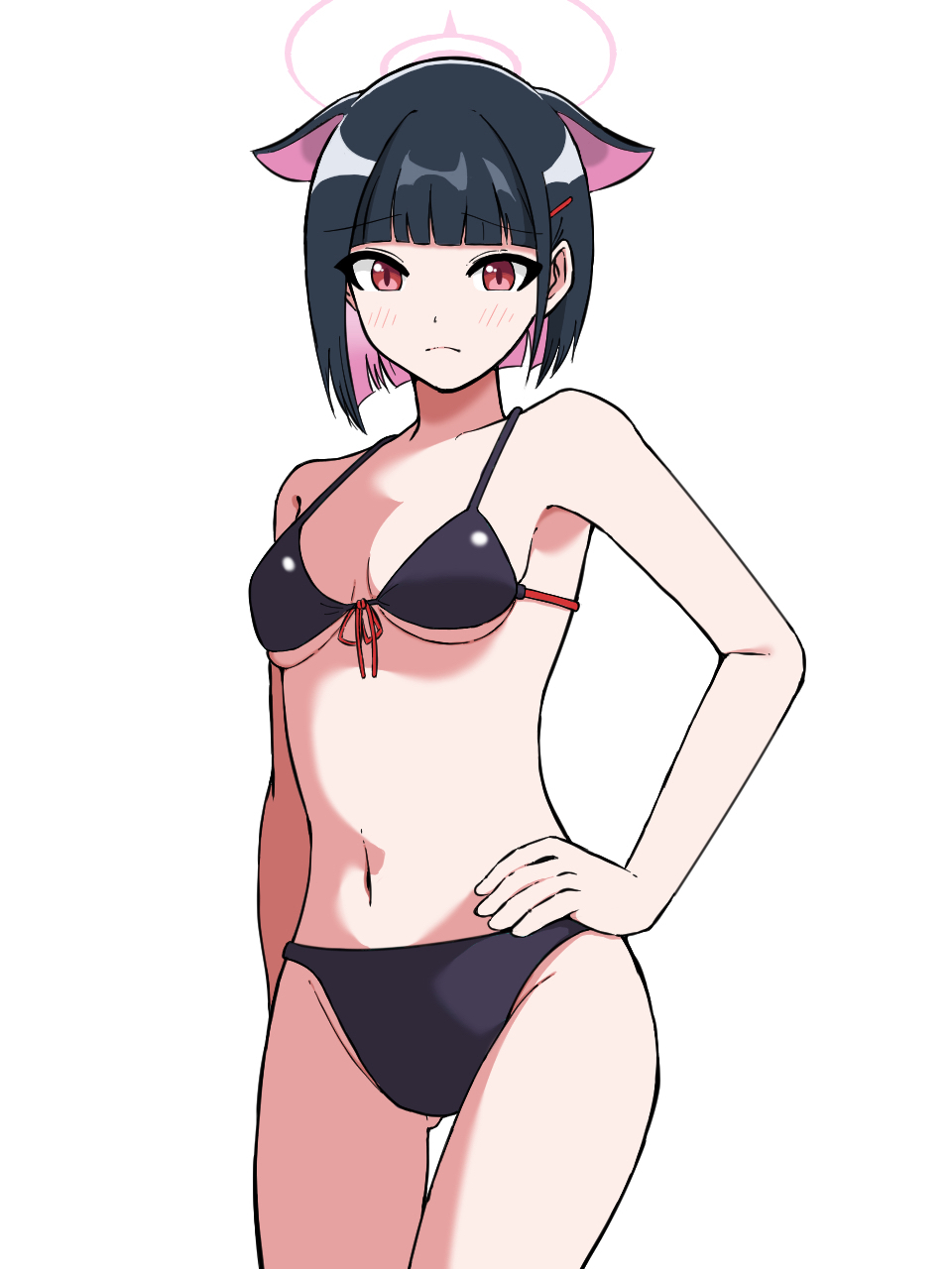 dao ne-ii39ra42k-3-7, kazusa (blue archive), blue archive, highres, 1girl, animal ears, bikini, black bikini, black hair, breasts, cat ears, colored inner hair, front-tie bikini top, front-tie top, halo, hand on own hip, medium breasts, multicolored hair, pink hair, pink halo, red eyes, short hair, simple background, solo, swimsuit, white background