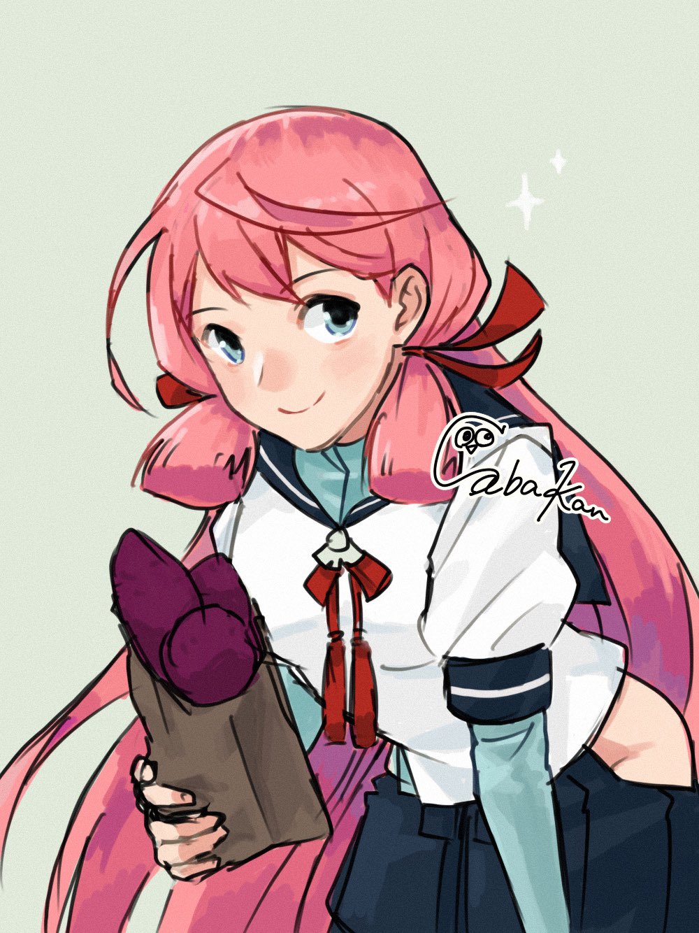 akashi (kancolle), kantai collection, highres, 1girl, bag, blue sailor collar, blue skirt, clothing cutout, food, grey background, hip vent, layered sleeves, leaning forward, long sleeves, one-hour drawing challenge, paper bag, pleated skirt, sabakanbasupisu, sailor collar, sailor shirt, school uniform, serafuku, shirt, short over long sleeves, short sleeves, simple background, skirt, solo, sweet potato, white shirt