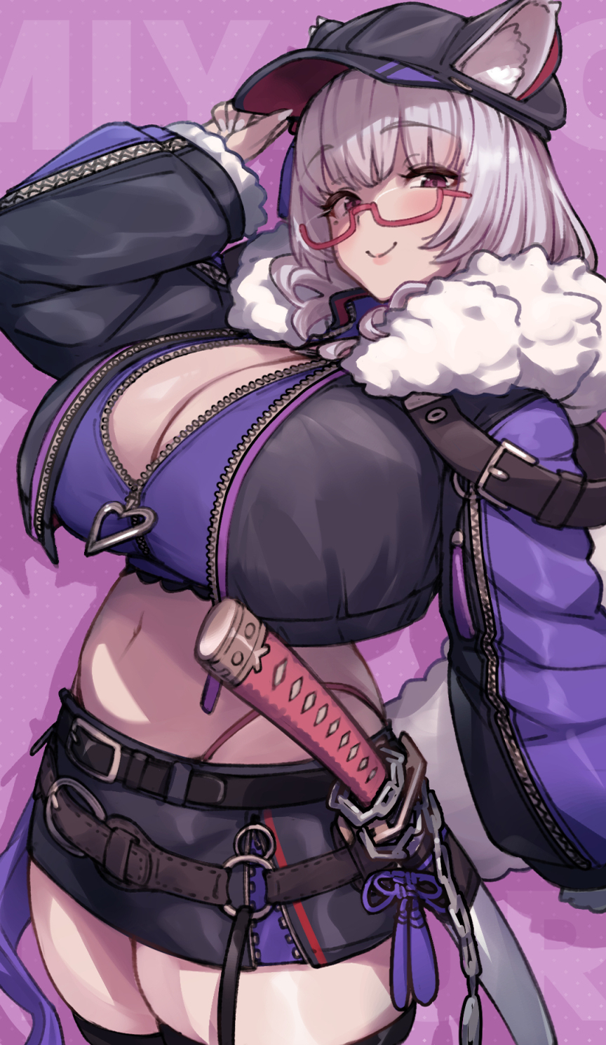 mi2mi2 minmi, miyako miyuri, indie virtual youtuber, highres, 1girl, animal ear fluff, animal ears, belt, black hat, black jacket, black skirt, black thighhighs, blush, breasts, cleavage, crop top, cropped jacket, fur-trimmed jacket, fur trim, glasses, grey hair, hand on headwear, hat, highleg, highleg panties, huge breasts, jacket, katana, kouya no naga samurai, long sleeves, looking at viewer, midriff, miniskirt, mole, mole under eye, panties, purple background, sheath, sheathed, simple background, skirt, smile, solo, stomach, sword, tail, thighhighs, underwear, virtual youtuber, weapon, wolf ears, wolf girl, wolf tail, zipper, zipper pull tab