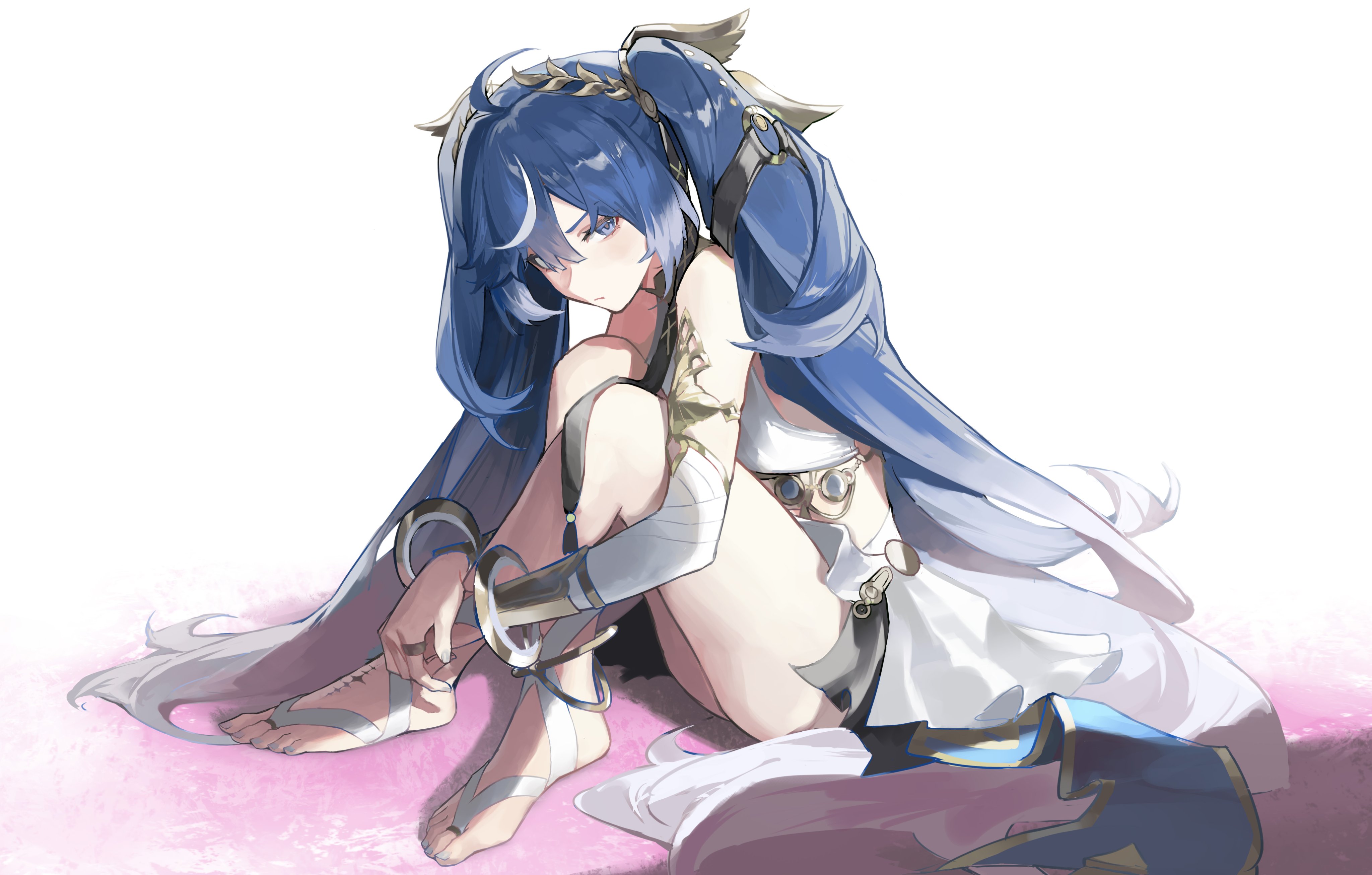 ahchuh, iuno (wuthering waves), wuthering waves, absurdres, commentary, highres, symbol-only commentary, 1girl, ancient greek clothes, bare shoulders, barefoot, black skirt, blue eyes, blue hair, blue nails, breasts, closed mouth, fingernails, gradient hair, greco-roman clothes, hair between eyes, head wreath, jewelry, knees up, light blush, long hair, looking at viewer, medium breasts, multicolored hair, nail polish, sitting, skirt, solo, streaked hair, tacet mark (wuthering waves), thighs, toe ring, toenail polish, toenails, toes, twintails