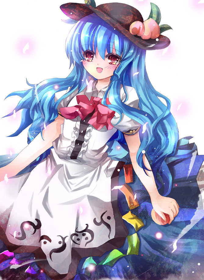 aquamarine, hinanawi tenshi, touhou, 1girl, blue hair, female focus, food, fruit, hat, holding, holding food, holding fruit, long hair, peach, ribbon, solo