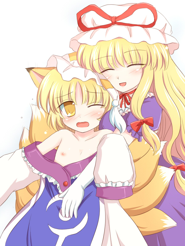 ry (yagoyago), yakumo ran, yakumo yukari, touhou, 2girls, age difference, blonde hair, dress, female focus, flat chest, gradient background, hat, loli, long hair, multiple girls, nipples, nude, onee-loli, ribbon, short hair, white background, yuri