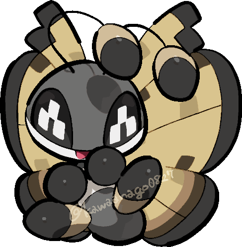 kawaanago, vivillon, vivillon (sandstorm), nintendo, pokemon, commentary request, lowres, animal focus, antennae, bug, chibi, chibi only, full body, gen 6 pokemon, insect wings, no humans, open mouth, pokemon (creature), pokemon focus, smile, solo, transparent background, twitter username, wings