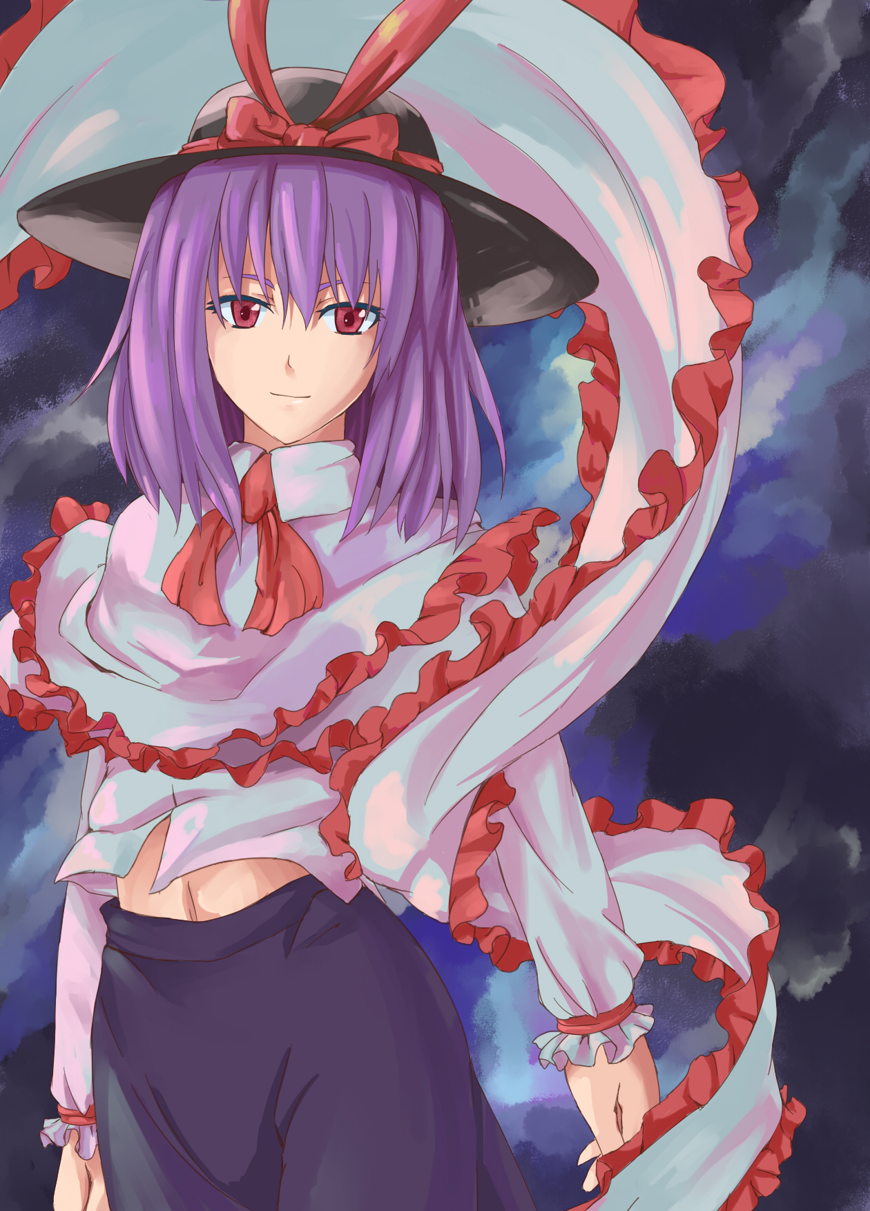 shibasaki shouji, nagae iku, touhou, bad id, bad pixiv id, highres, 1girl, female focus, hat, midriff, navel, purple hair, ribbon, shawl, short hair, solo