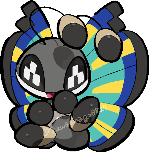kawaanago, vivillon, vivillon (savanna), nintendo, pokemon, commentary request, lowres, animal focus, antennae, bug, chibi, chibi only, full body, gen 6 pokemon, insect wings, no humans, open mouth, pokemon (creature), pokemon focus, smile, solo, transparent background, twitter username, wings