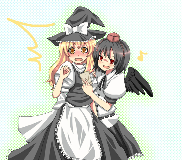 asano tomoya, kirisame marisa, shameimaru aya, touhou, 2girls, black hair, blonde hair, blush, female focus, hat, long hair, multiple girls, ribbon, short hair, skirt, wings