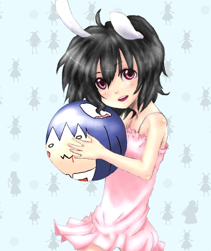 azu (bnpsikyu6935-he), inaba tewi, touhou, 1girl, animal ears, bad anatomy, ball, black hair, female focus, rabbit ears, short hair, solo