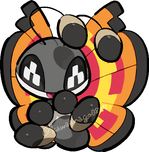 kawaanago, vivillon, vivillon (sun), nintendo, pokemon, commentary request, lowres, animal focus, antennae, bug, chibi, chibi only, full body, gen 6 pokemon, insect wings, no humans, open mouth, pokemon (creature), pokemon focus, smile, solo, transparent background, twitter username, wings