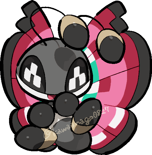 kawaanago, vivillon, vivillon (meadow), nintendo, pokemon, commentary request, lowres, animal focus, antennae, bug, chibi, chibi only, full body, gen 6 pokemon, insect wings, no humans, open mouth, pokemon (creature), pokemon focus, smile, solo, transparent background, twitter username, wings