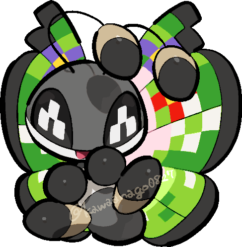 kawaanago, vivillon, vivillon (fancy), nintendo, pokemon, commentary request, lowres, animal focus, antennae, bug, chibi, chibi only, full body, gen 6 pokemon, insect wings, no humans, open mouth, pokemon (creature), pokemon focus, smile, solo, transparent background, twitter username, wings