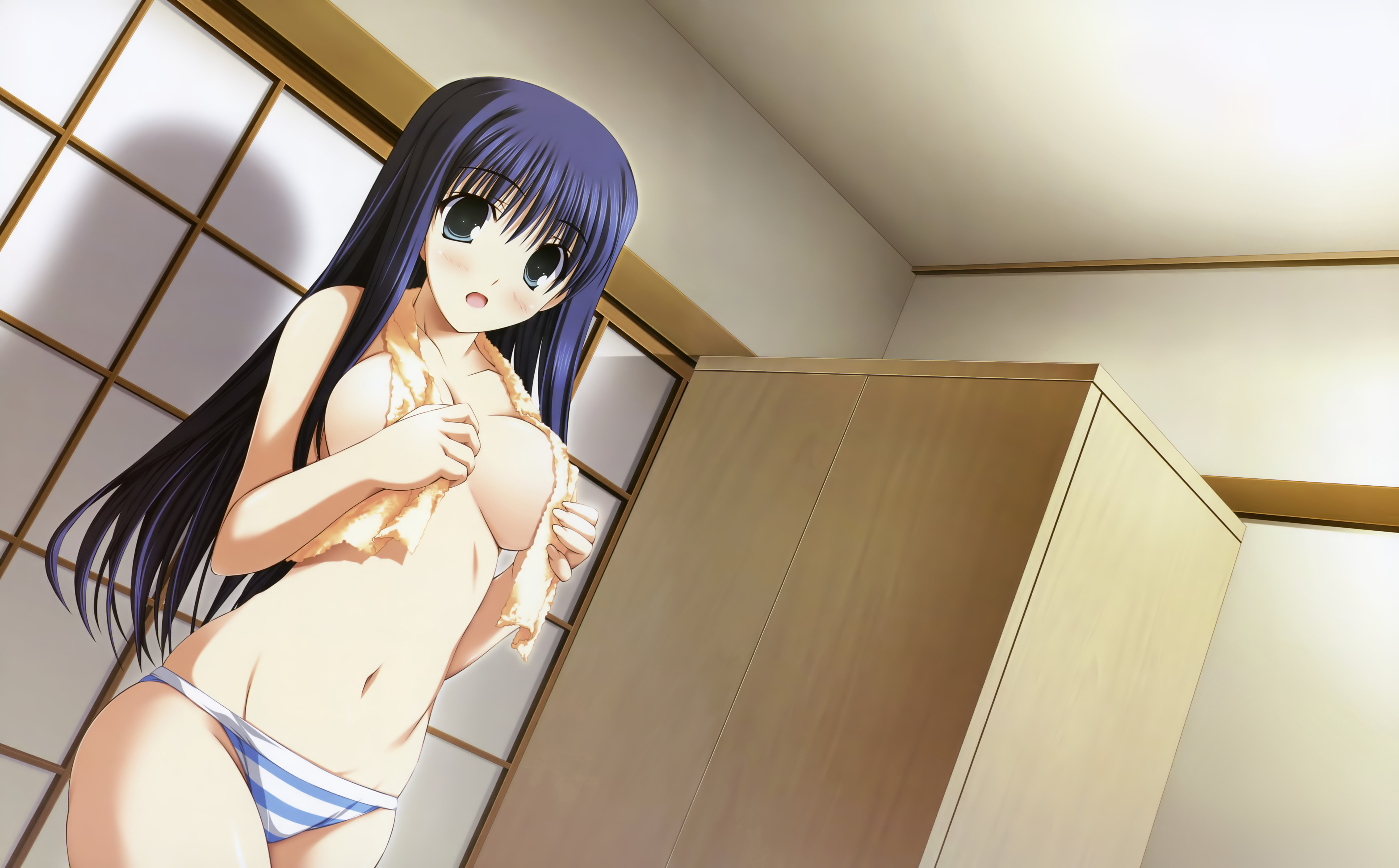 yuuki makoto (radiant), okazaki haruna, haruiro ouse, purple software, absurdres, highres, 1girl, aqua eyes, blue hair, blush, female focus, long hair, navel, open mouth, panties, solo, striped clothes, striped panties, topless female, towel, underwear