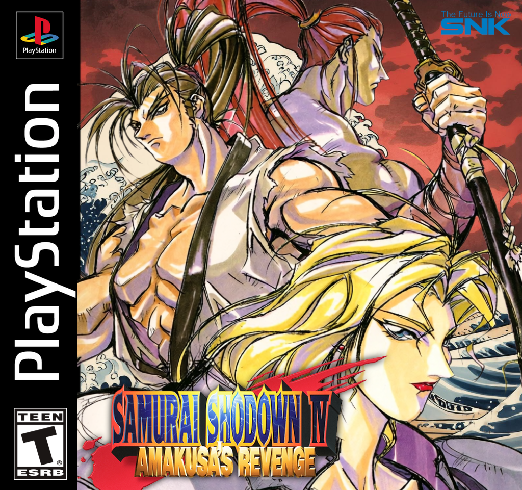 hokusai, oobari masami, charlotte christine de colde, haoumaru, kibagami genjuro, samurai spirits, snk, 1girl, 2boys, 3rd party edit, armor, black hair, blonde hair, box art, katana, lipstick, makeup, multiple boys, playstation logo, ponytail, red hair, red sky, samurai, sky, sword, video game, weapon