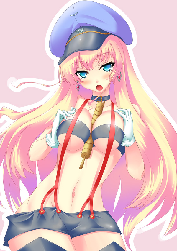 nana (732 kaiten), sheryl nome, macross, macross frontier, 00s, 1girl, aqua eyes, between breasts, blonde hair, breasts, choker, earrings, female focus, gloves, hat, jewelry, large breasts, long hair, microphone, peaked cap, solo, suspenders, thighhighs, underboob