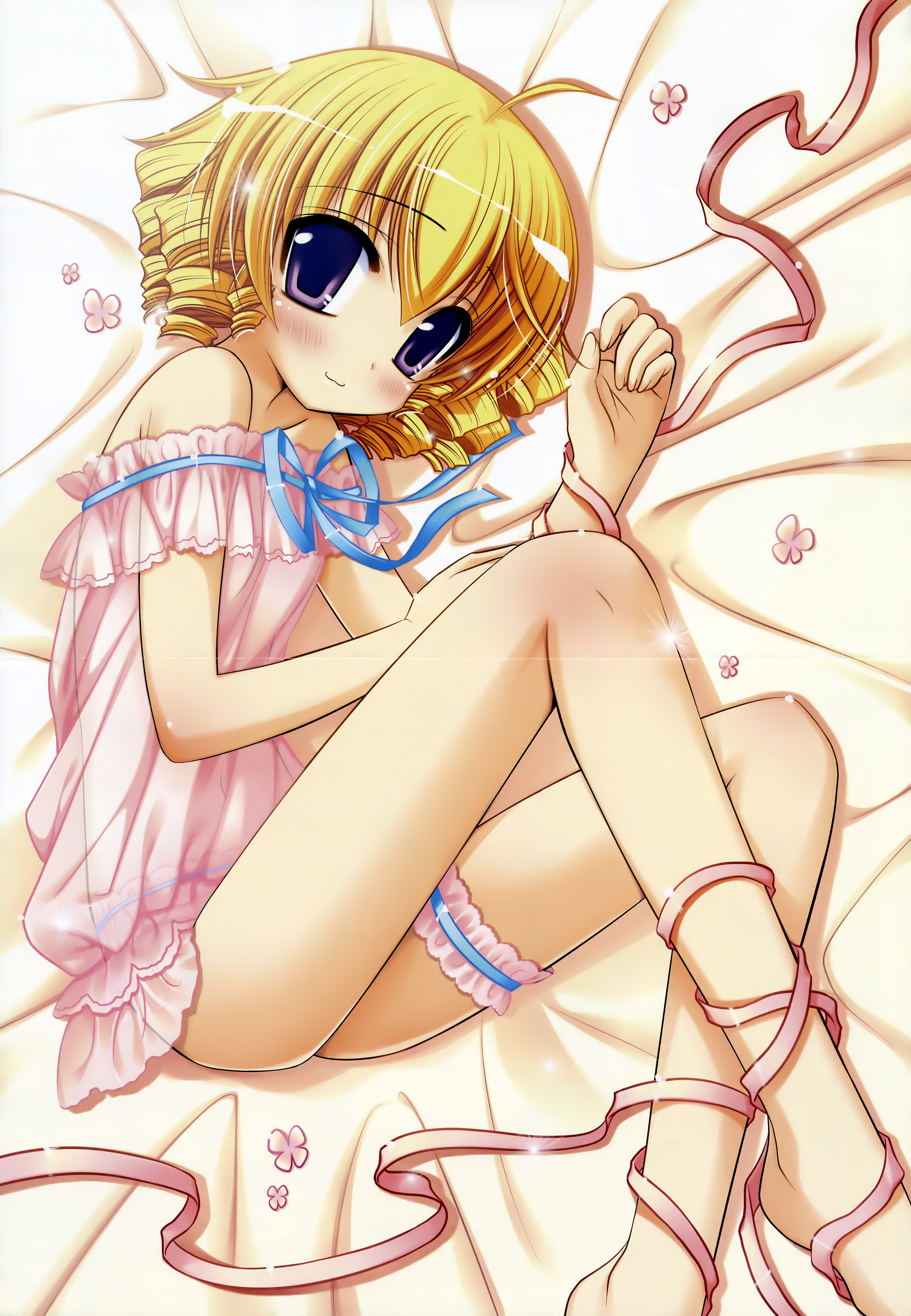inugahora an, tsunomiya shizuku, tsunagaru bangle, absurdres, highres, 1girl, :3, ahoge, bed sheet, blonde hair, blush, body blush, drill hair, female focus, flat chest, loli, looking at viewer, lying, on side, panties, purple eyes, ribbon, see-through clothes, short hair, solo, underwear