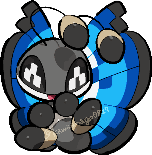 kawaanago, vivillon, vivillon (marine), nintendo, pokemon, commentary request, lowres, animal focus, antennae, bug, chibi, chibi only, full body, gen 6 pokemon, insect wings, no humans, open mouth, pokemon (creature), pokemon focus, smile, solo, transparent background, twitter username, wings