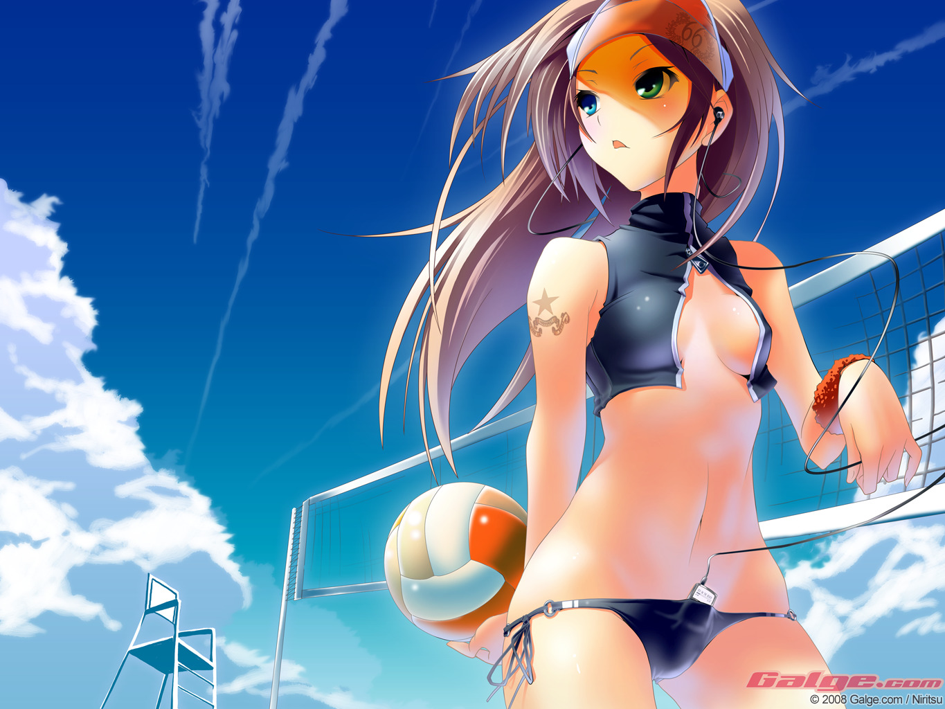 nilitsu, galge.com, visor, 1girl, 2008, ball, bikini, blue eyes, breasts, cloud, day, digital media player, female focus, heterochromia, ipod nano, ipod nano 3g, lowleg, lowleg bikini, medium breasts, navel, object in clothes, object in swimsuit, side-tie bikini bottom, sideboob, sky, solo, swimsuit, tattoo, visor cap, volleyball, volleyball (object)