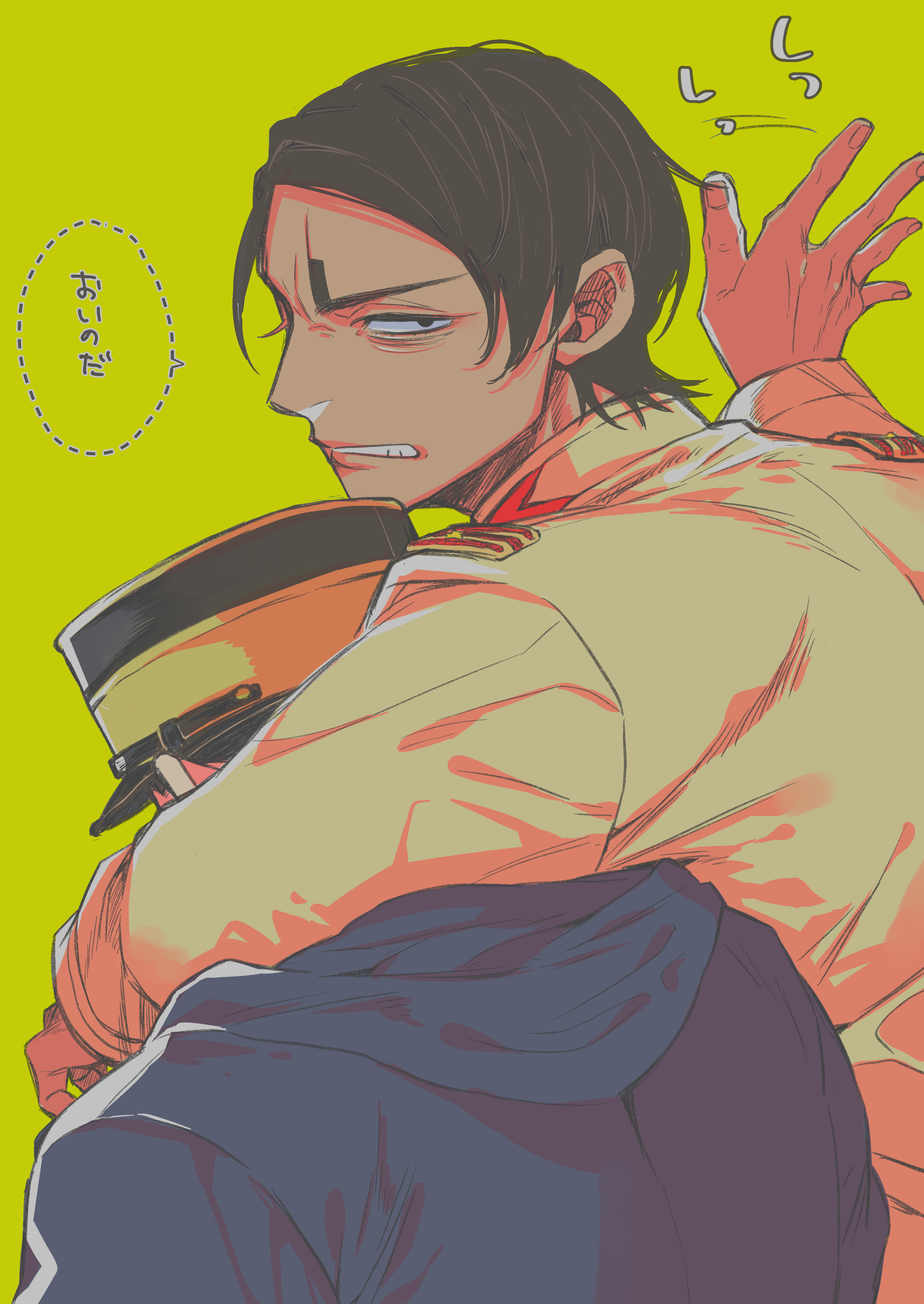 koito otonoshin, tsukishima hajime, golden kamuy, absurdres, highres, 2boys, arm around shoulder, bags under eyes, black hair, black hat, blue jacket, brown jacket, clenched teeth, fingernails, h3110n, hat, jacket, looking at viewer, looking back, male focus, multiple boys, short hair, teeth, upper body, yellow background
