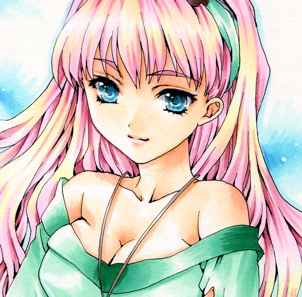 sheryl nome, macross, macross frontier, 00s, 1girl, blue eyes, breasts, cleavage, female focus, large breasts, long hair, pink hair, solo