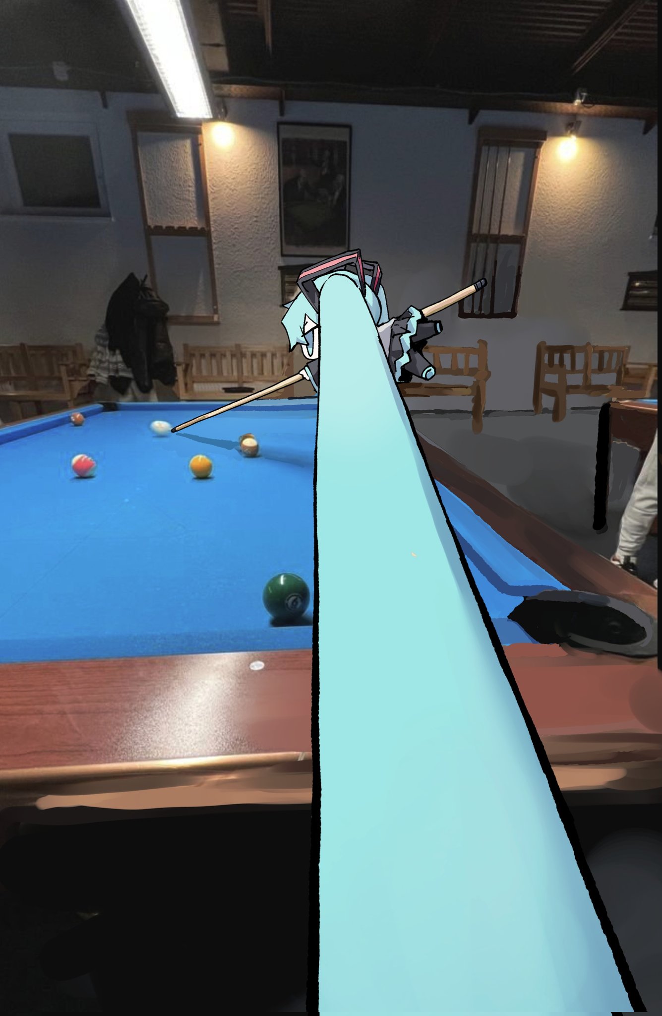 mumu323m, hatsune miku, vocaloid, hashtag-only commentary, highres, photo-referenced, 1girl, absurdly long hair, aqua eyes, aqua hair, ball, bench, billiard ball, billiards, black skirt, ceiling light, chibi, colored shoe soles, cue stick, foreshortening, holding cue stick, indoors, long hair, pleated skirt, pool table, prehensile hair, skirt, solo, table, twintails, very long hair