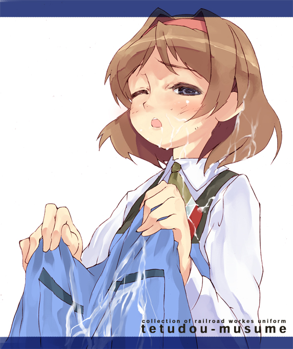 kitano yuusuke, kasukabe shia, tetsudou musume, 00s, 1girl, ;o, apron, apron lift, blue eyes, blush, brown hair, bukkake, clothes lift, cum, cum on body, cum on clothes, cum on hair, facial, female focus, hairband, letterboxed, looking at viewer, necktie, one eye closed, open mouth, profile, short hair, simple background, solo, upper body, white background, wince