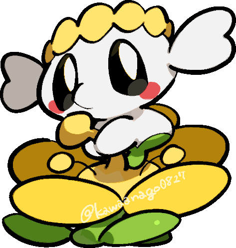 kawaanago, flabebe, flabebe (yellow flower), nintendo, pokemon, commentary request, lowres, blush, blush stickers, chibi, chibi only, flower, full body, gen 6 pokemon, no humans, pokemon (creature), pokemon focus, solo, transparent background, twitter username, yellow flower