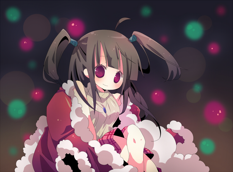 ana (rznuscrf), tsurara (pop'n music), bemani, pop'n music, 1girl, brown hair, female focus, jewelry, long hair, necklace, plaid clothes, plaid skirt, purple eyes, red eyes, sitting, skirt, solo, twintails, two side up