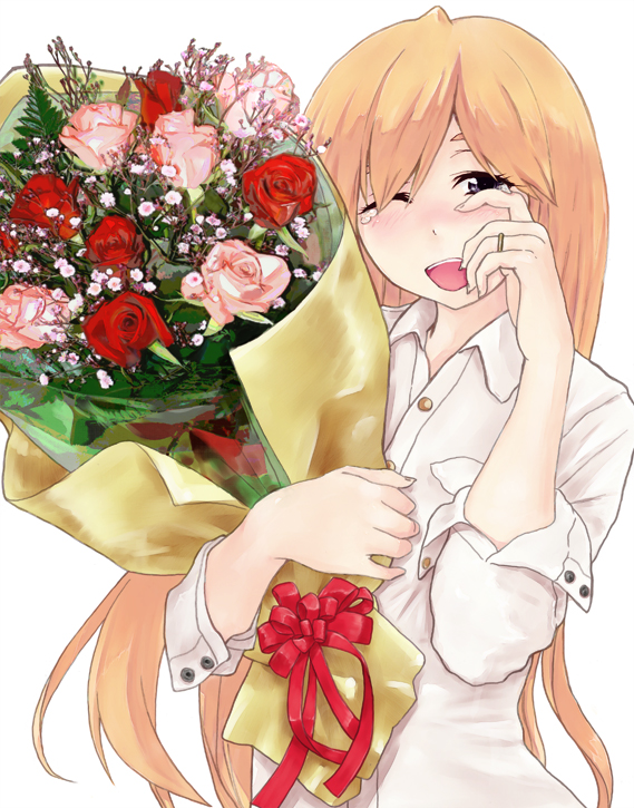 medici-ke (gihhl.lx7e), original, 1girl, baby's-breath, blonde hair, bouquet, female focus, flower, jewelry, long hair, looking at viewer, one eye closed, open mouth, pink flower, pink rose, red flower, red rose, ring, rose, shirt, solo, tears, white background, white shirt, wiping tears