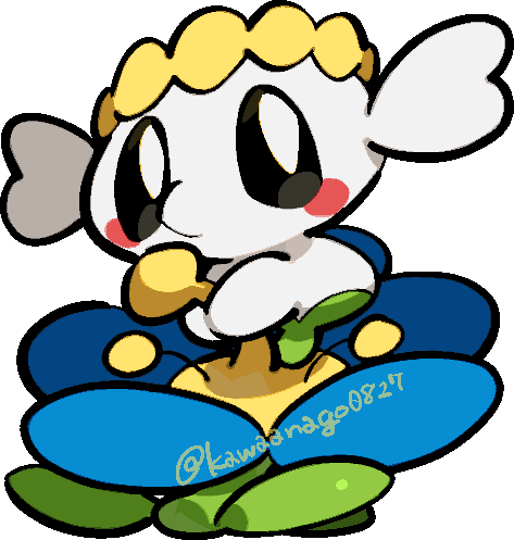 kawaanago, flabebe, flabebe (blue flower), nintendo, pokemon, commentary request, lowres, blue flower, blush, blush stickers, chibi, chibi only, flower, full body, gen 6 pokemon, no humans, pokemon (creature), pokemon focus, solo, transparent background, twitter username