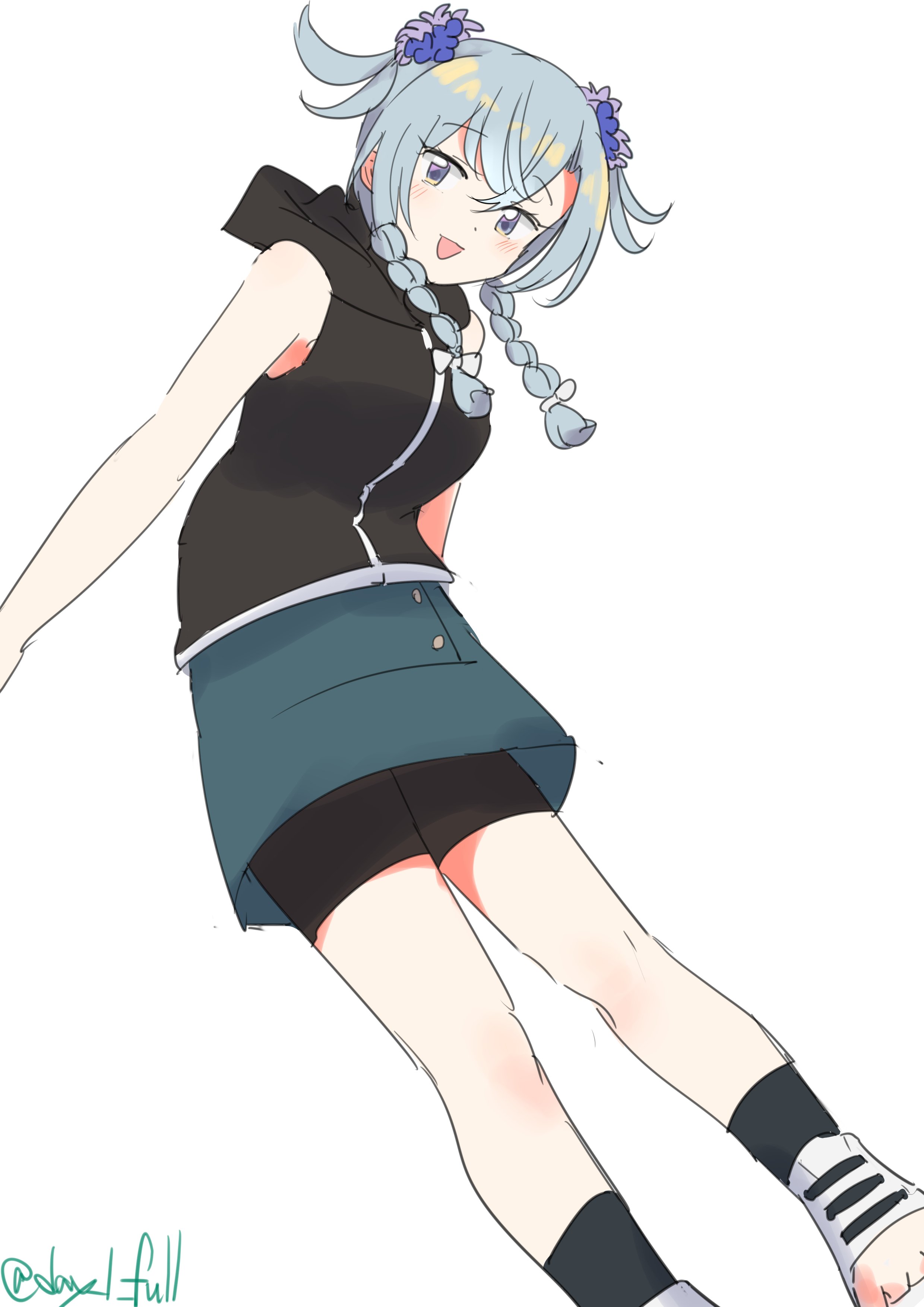 robinson (day l full), shimane maru (kancolle), shimane maru (rainy season) (kancolle), kantai collection, absurdres, highres, 1girl, bike shorts, black jacket, braid, feet out of frame, grey eyes, grey hair, grey shirt, hair over shoulder, hood, hooded jacket, hooded shirt, jacket, one-hour drawing challenge, open-toe shoes, shirt, short hair with long locks, shorts, shorts under skirt, side braids, simple background, skirt, sleeveless, sleeveless jacket, solo, twin braids, two side up, white background