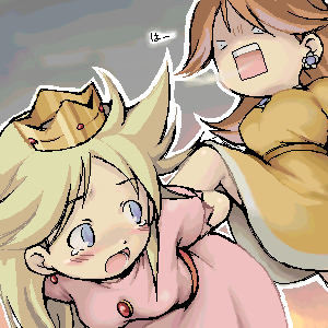 princess daisy, princess peach, mario (series), nintendo, super mario bros. 1, super mario land, lowres, 2girls, angry, blonde hair, blue eyes, brown hair, crown, dress, femdom, long hair, multiple girls, open mouth, pink dress, yellow dress, yuri