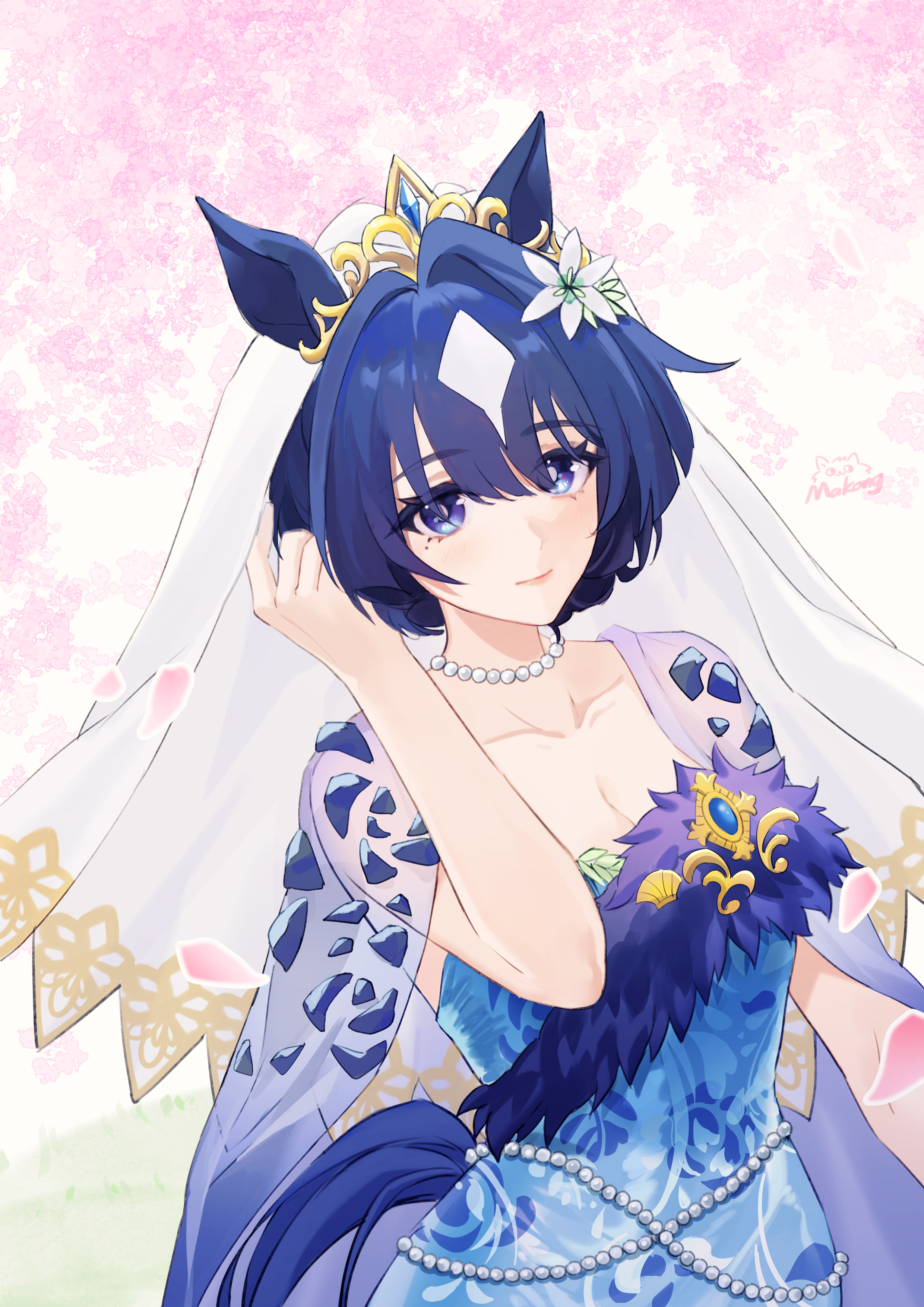 makong6593, verxina (umamusume), umamusume, absurdres, highres, 1girl, animal ears, blue dress, bridal veil, bride, collarbone, dress, horse ears, horse girl, jewelry, multicolored hair, necklace, pearl necklace, streaked hair, veil, white veil