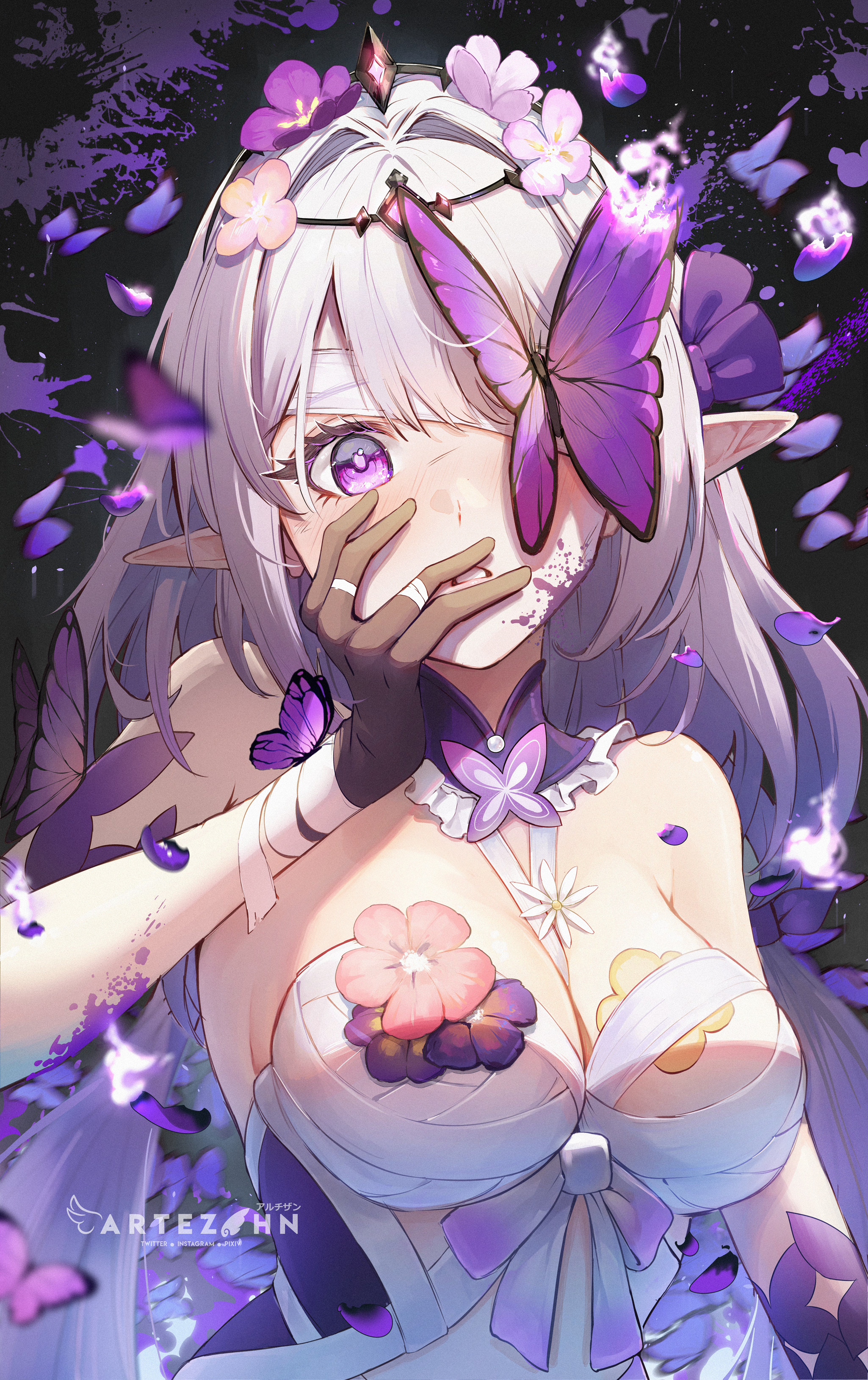 artezahn, castorice (honkai: star rail), honkai: star rail, honkai (series), absurdres, commentary, highres, 1girl, artist name, bare shoulders, black gloves, black tiara, blood, blood on face, breasts, bug, butterfly, dress, flower, gloves, hair flower, hair ornament, insect, large breasts, long hair, looking at viewer, pointy ears, purple eyes, purple hair, solo, tiara, upper body, very long hair, white dress