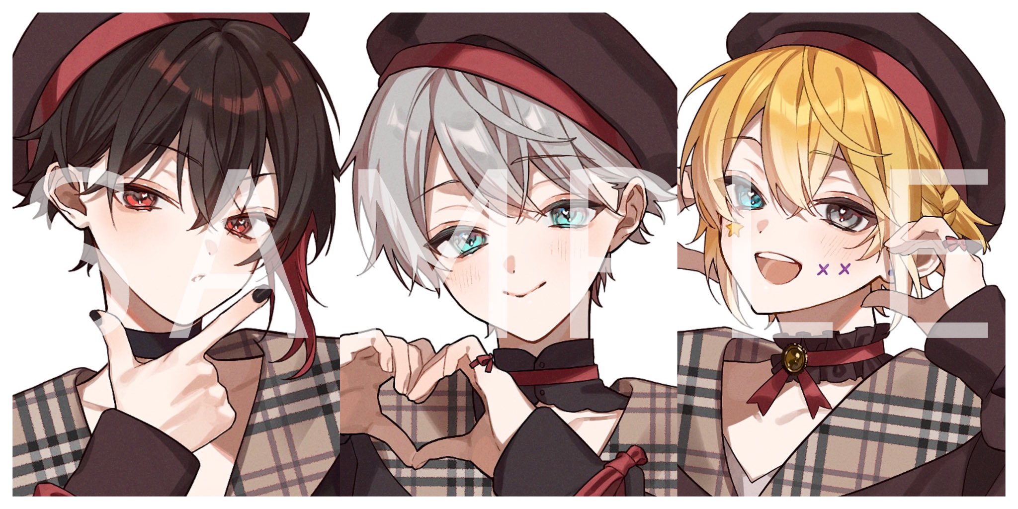shichi (kotoneco0711), highres, official art, 3boys, :d, alternate costume, aqua eyes, beret, black choker, black collar, black hair, black nails, blonde hair, border, brown hat, brown sailor collar, brown shirt, choker, closed mouth, collar, collarbone, column lineup, facial mark, finger ribbon, frilled choker, frills, grey eyes, grey hair, hair between eyes, half-heart hands, hat, heart, heart hands, heterochromia, kaito story, l hand, light blush, long sleeves, looking at viewer, male focus, melon parker, multicolored hair, multiple boys, nail polish, naroya (utaite), nokki (utaite), open mouth, plaid clothes, plaid sailor collar, portrait, puckered lips, red choker, red eyes, red hair, ribbon choker, sailor collar, sailor shirt, sample watermark, shirt, short hair, simple background, single sidelock, smile, star (symbol), star facial mark, streaked hair, two-tone hair, utaite, v-shaped eyebrows, watermark, white background, white border, x (symbol), x facial mark