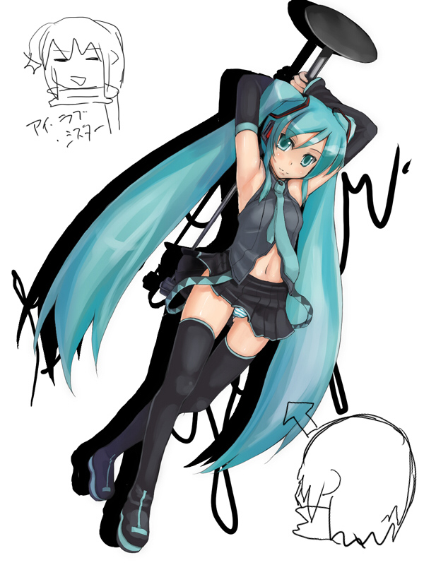 itou ryuusei, sanbi, hatsune miku, vocaloid, striped, 1girl, aqua eyes, aqua hair, armpits, female focus, long hair, necktie, panties, pantyshot, solo, thighhighs, twintails, underwear, very long hair, zettai ryouiki