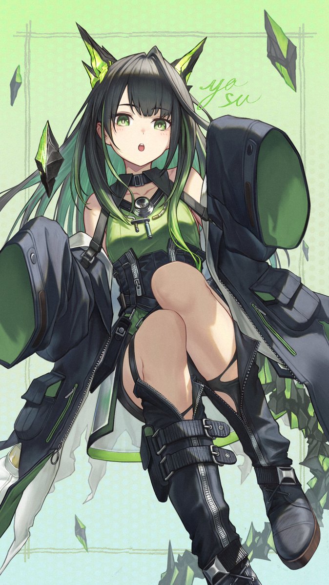 yasu (segawahiroyasu), mon3tr (arknights), arknights, 1girl, bare shoulders, black boots, black hair, black jacket, boots, breasts, green eyes, green hair, green shirt, jacket, looking at viewer, medium breasts, multicolored hair, shirt, solo, thighs, two-tone hair