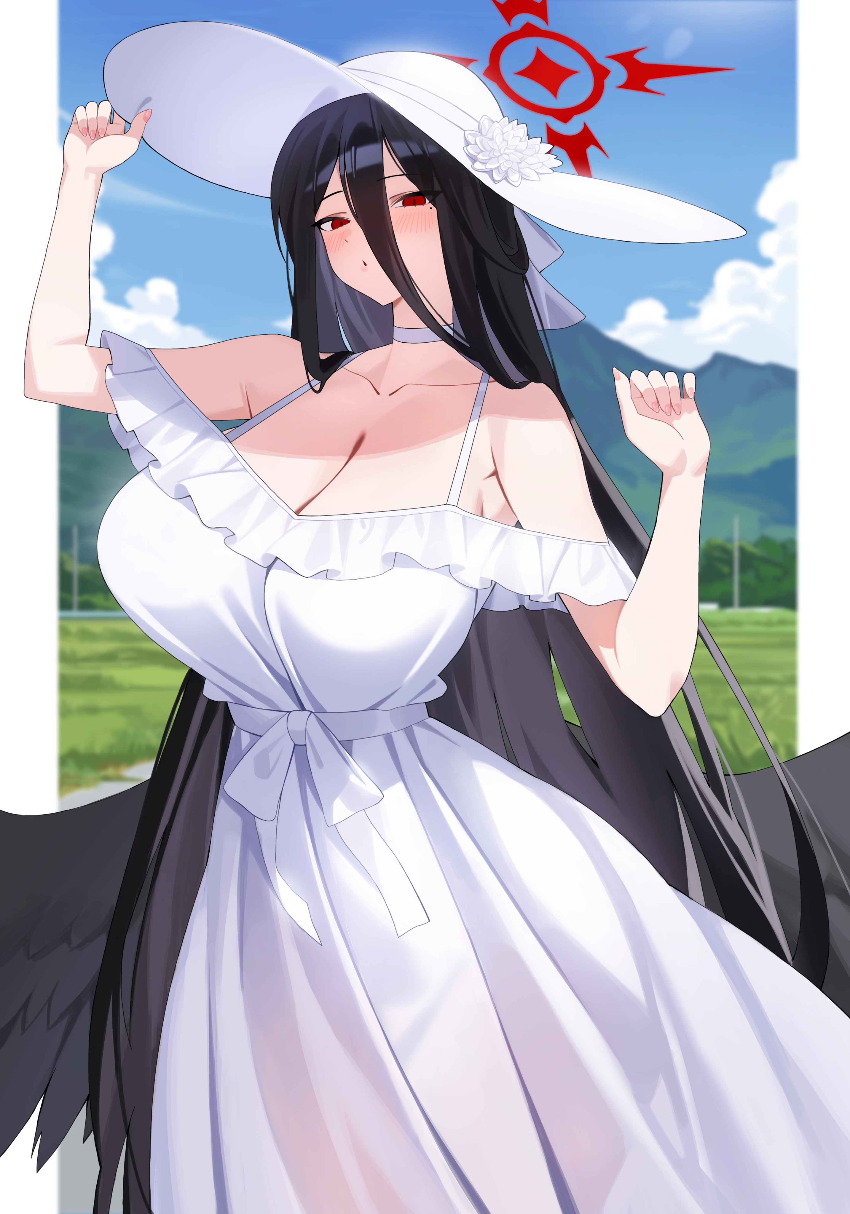 ddog, hasshaku-sama, hasumi (blue archive), blue archive, absurdres, commentary, hashtag-only commentary, highres, 1girl, alternate costume, bare shoulders, black hair, black wings, blurry, blurry background, blush, breasts, choker, cleavage, cloud, day, dress, feathered wings, field, flower, grass, halo, hand on headwear, hat, hat flower, huge breasts, long hair, looking at viewer, low wings, mountain, outdoors, parted lips, red eyes, see-through clothes, see-through dress, sky, sleeveless, sleeveless dress, solo, sun hat, very long hair, white choker, white dress, white flower, white hat, wings