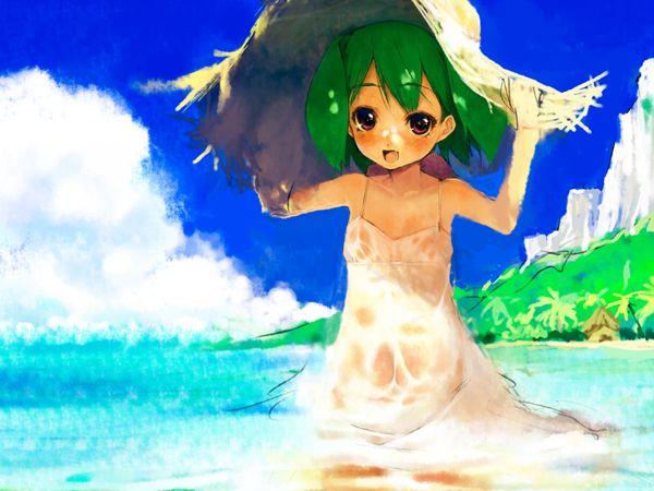 chinchickrin, ranka lee, macross, macross frontier, 00s, 1girl, :d, bare arms, bare shoulders, blue sky, blush, cliff, cloud, collarbone, covered navel, cowboy shot, day, dress, female focus, flat chest, green hair, hand on headwear, hat, looking at viewer, no bra, ocean, open mouth, outdoors, red eyes, see-through clothes, shore, short hair, short twintails, sky, sleeveless, sleeveless dress, smile, solo, spaghetti strap, standing, straw hat, sun hat, sundress, twintails, wading, water