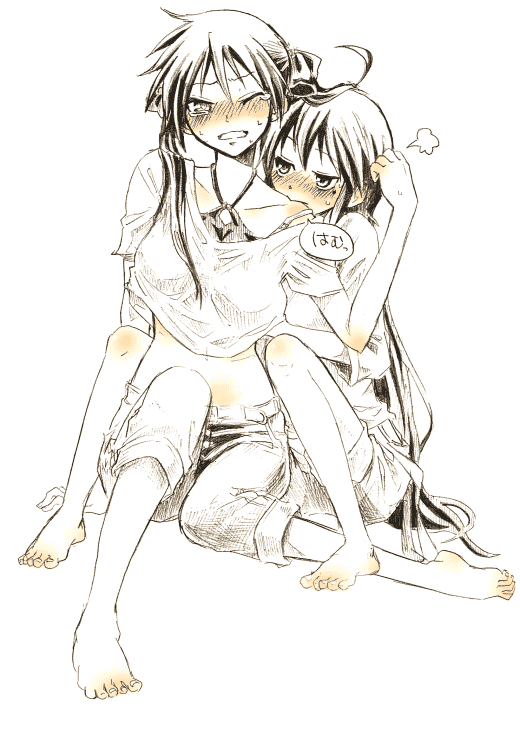 kochoko, hiiragi kagami, izumi konata, lucky star, 00s, 2girls, ahoge, barefoot, biting, feet, greyscale, long hair, mole, mole under eye, monochrome, multiple girls, shorts, twintails, yuri