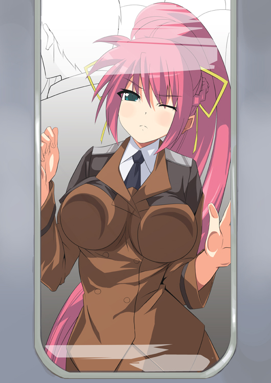 date (senpen), signum, lyrical nanoha, mahou shoujo lyrical nanoha, mahou shoujo lyrical nanoha strikers, 00s, 1girl, against glass, blue eyes, blush, breast press, breasts, breasts on glass, female focus, large breasts, long hair, military, military uniform, necktie, one eye closed, pink hair, solo, train, train interior, very long hair, window, wink