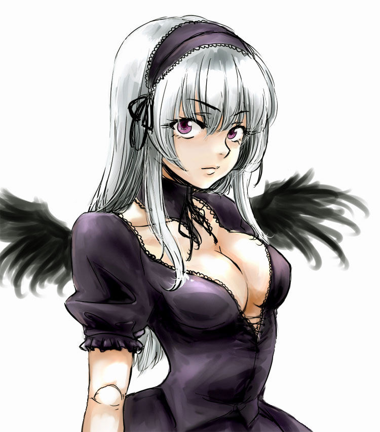osakana (denpa yun'yun), suigintou, rozen maiden, silver hair, 00s, 1girl, black wings, breasts, cleavage, doll joints, dress, female focus, goth fashion, hairband, joints, long hair, purple eyes, solo, wings