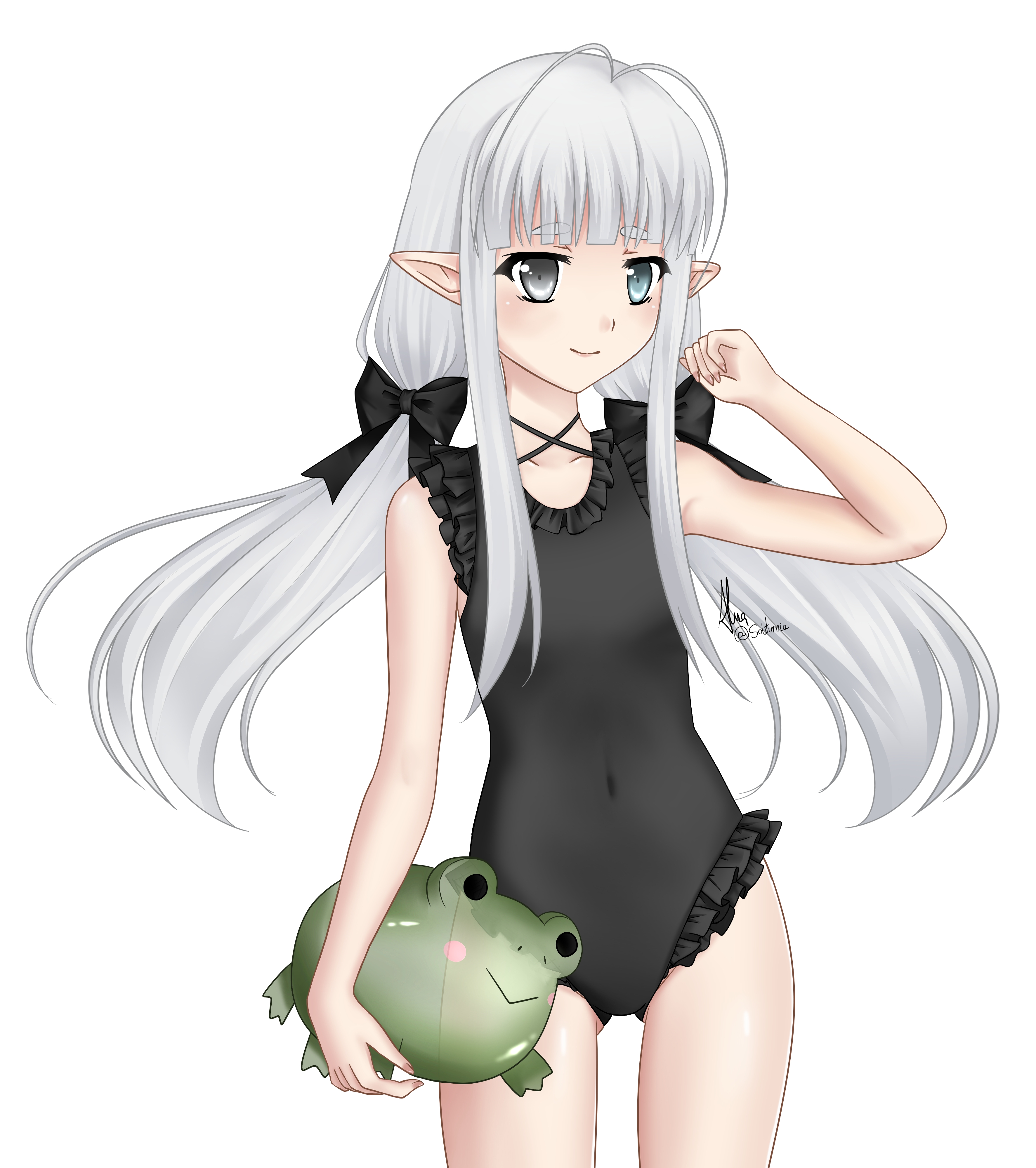 soliturnia, original, absurdres, highres, antenna hair, black bow, blue eyes, bow, elf, flat chest, frog, goth fashion, grey hair, heterochromia, pointy ears, swimsuit, white hair