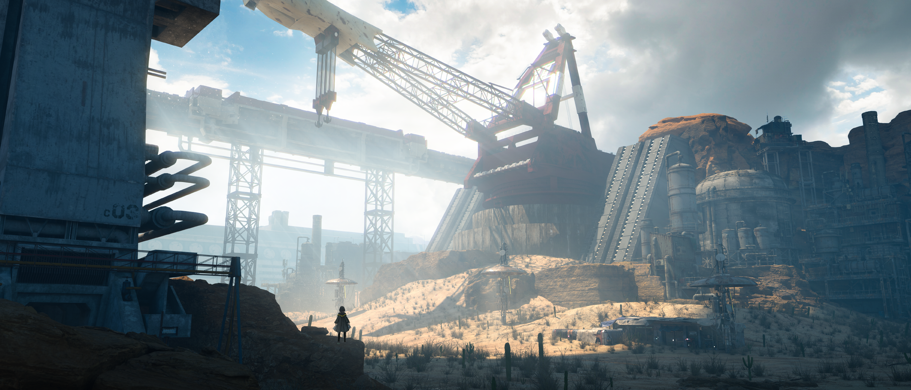 zardyan, original, commentary, english commentary, highres, 1other, ambiguous gender, cactus, cloud, cloudy sky, crane (machine), day, desert, from behind, outdoors, scenery, science fiction, shade, sky, standing, sunlight