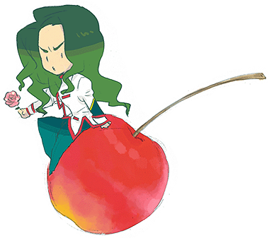 saionji kyouichi, shoujo kakumei utena, lowres, 1990s (style), cherry, chibi, flower, food, fruit, green hair, long hair, o3o, retro artstyle, rose, sitting, solo, white background