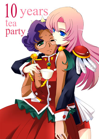 himemiya anthy, tenjou utena, shoujo kakumei utena, lowres, 1990s (style), 2girls, aiguillette, blue eyes, blush, buttons, crown, cup, dark-skinned female, dark skin, dress, epaulettes, glasses, green eyes, jewelry, kiss, long hair, long sleeves, multiple girls, one eye closed, pink hair, purple hair, retro artstyle, rimless eyewear, ring, short hair, simple background, standing, teacup, tiara, white background, wince, yuri
