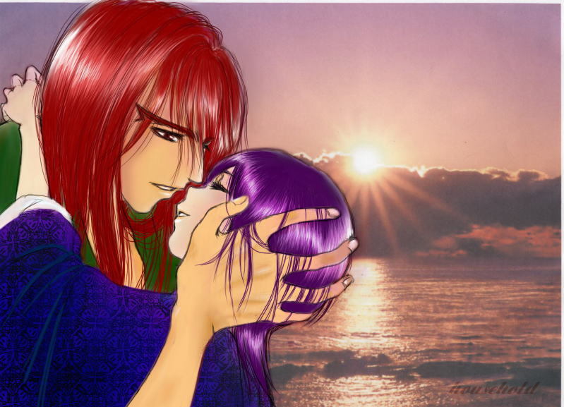 abarai renji, kuchiki rukia, bleach, 00s, 1boy, 1girl, couple, hetero, hou sehold, kiss, long hair, photo background, purple hair, red hair, smile, sunset