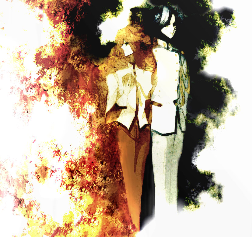 arisugawa juri, tsuchiya ruka, shoujo kakumei utena, 1990s (style), 1boy, 1girl, aiguillette, arms behind back, black hair, blue hair, brown hair, flower, formal clothes, long sleeves, looking afar, looking at viewer, looking to the side, military, military uniform, orange hair, pants, retro artstyle, rose, short hair, standing, suit