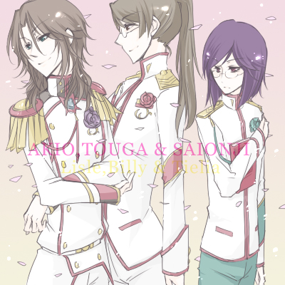 billy katagiri, kiryuu touga, lockon stratos, ootori akio, saionji kyouichi, tieria erde, gundam, gundam 00, shoujo kakumei utena, lowres, 3boys, aiguillette, cosplay, flower, kiryuu touga (cosplay), multiple boys, ohtori akio (cosplay), ootori akio (cosplay), rose, saionji kyouichi (cosplay)